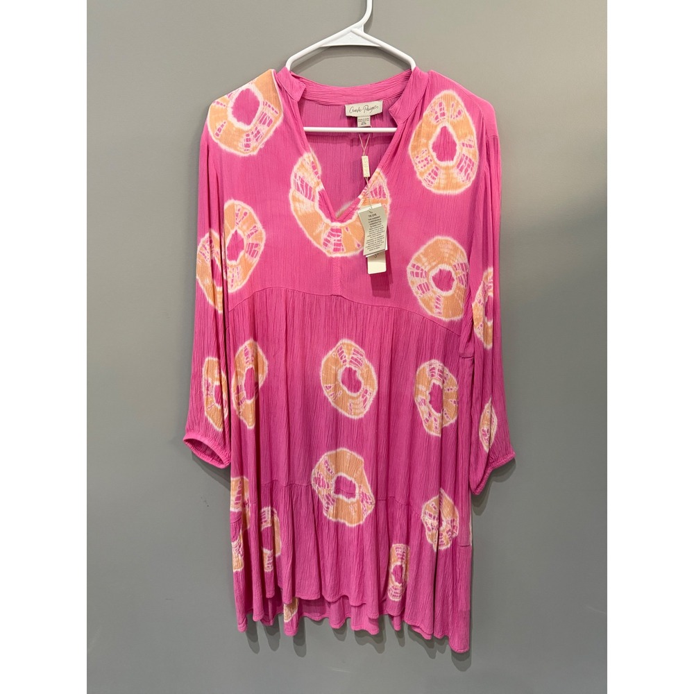 Charlie Paige Pink Tie Dye Tiered Mini Dress V-Neck Long Sleeve Boho 422001 M/M
